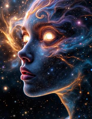 The primary subject of the image is a woman's face, which is the main focus of the image. The setting is a space background, with the woman's face surrounded by stars. The visual style is digital art, as the woman's face is depicted in a surreal and artistic manner. The colors and mood of the image are predominantly blue and purple, creating a serene and dreamy atmosphere.